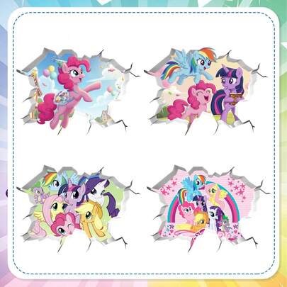  Broken Window My Little Pony Series Bedroom Room 3D Animated Cartoon Self-Adhesive Waterproof Poster Stickers For Decoration, Graffiti Decoration For Breaking Walls, Cartoon Movie And Anime Self-Adhesive Stickers That Can Be Removed
