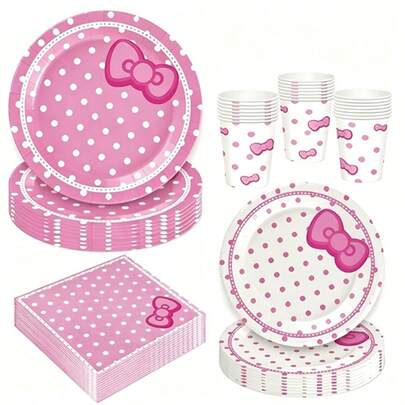 10 piezas/20 piezas/50 piezas/80 piezas Juego de vajilla desechable de papel con lunares y lazos de color rosa y blanco - Platos de papel de 9" y 7", vasos de papel, servilletas de papel de 6.5 pulgadas, diseño de lazos rosas y lunares blancos para decoración de fiestas de cumpleaños, baby shower, despedida de soltera, té y temas de princesa para hombres y mujeres