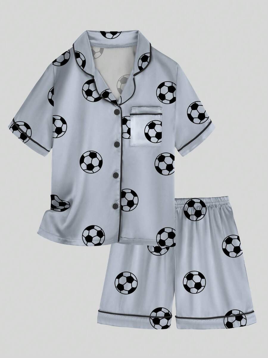 Conjunto de 2 piezas para niño preadolescente con top de manga corta de un solo pecho gris de fútbol y pantalones de pijama