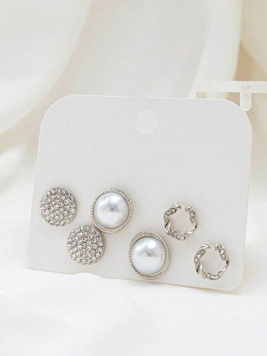 Silver Versatile Mix & Match Stud Earring Set, 3 Pairs, Suitable For Daily Wear - Silver - View 1