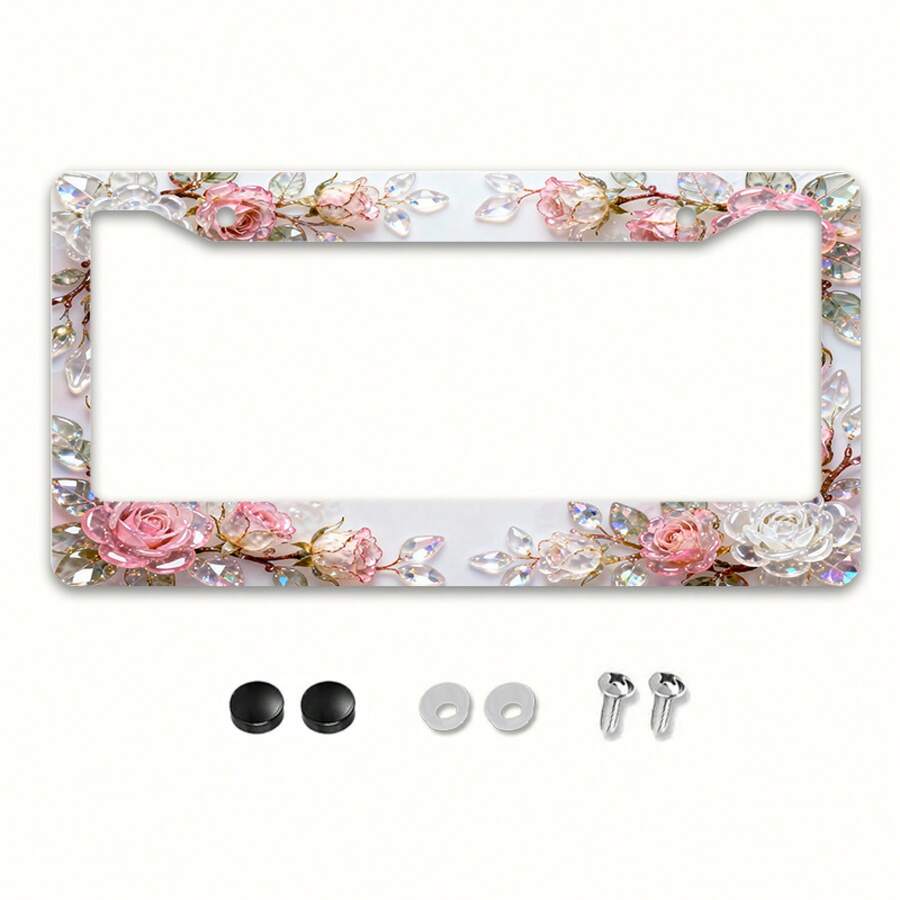 1 Piece Of Metal License Plate Frame, Adorned With A Charming Crystal Rose Pattern, Suitable For North American And Most International Car Models. Includes Mounting Screws To Ensure A Secure Fit. Stylish Appearance, UV-Resistant And Anti-Corrosion, Easy To Install -- Size 12x6inch ,Car Must Haves,Car Decor,Car Cover,Car Accessories>Essentials,Car Picks,Gifts - 樣式1 - 查看 1