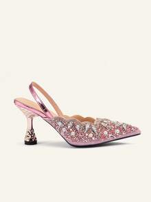Etoivie Pink Elastic Strap Back Rhinestone Women's Sandals, Pointed Toe Backless Square High Heel Shoes, Unique Design,Elegant,Party - Pink - View 2