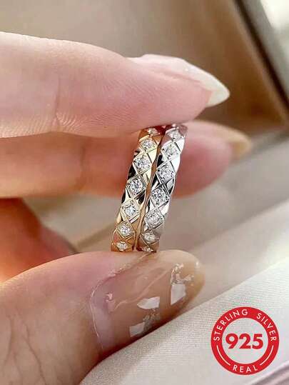 1枚925纯银极简钻石图案戒指，优雅珠宝，女士礼物