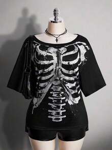 2026 Summer Collection,ICON Women's Plus Size Autumn/Winter Warm Retro Distressed Sexy Fashion Avant-Garde Bold Street Style Millennial Y2K Dark Gothic Punk Skull Rose Pattern Loose T-Shirt Gothic Summer Clothes Gothic Clothing For Women,Sizes 3–7XL, Free Shipping,  Within 24 Hours - 黑色 - 查看 5