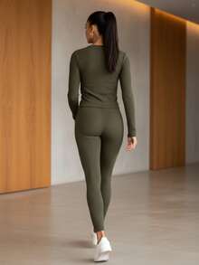 Leggings And Long Sleeve Top Set - 軍綠色 - 查看 5