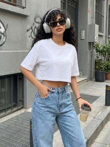 2pcs Women's Loose Cropped Round Neck Short Sleeve T-Shirt, Suitable For Spring/Summer Wear, Casual/Minimalist/Elegant/Sexy/Streetwear/Y2K Style, Suitable For Office/Home/Street And Various Occasions - 黑與白 - 查看 7