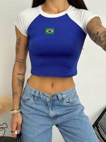 Women's Cropped Blouse Brazil Fitted Raglan Sleeve With Embroidered Patch, Round Neck, Stretch Fabric, Casual Summer Fashion Top, World Cup Top - 藍白色 - 查看 3