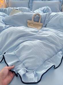 荷叶边黑色公主风床上用品套装（1个被套+2个枕套），柔软舒适的100%涤纶面料，适用于卧室、客房，是馈赠佳品。 - 淺藍色 - 查看 7