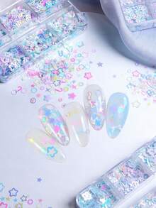 Holographic Laser Nail Glitter - Mixed Stars & Hearts, Ultra-Thin Nail Sequins, Dreamy Stars & Hearts Combination, Highlighter Shiny Stars & Hearts Hollow Mix, Suitable For Nail Salons And DIY Nail Decoration - Multicolor - View 7