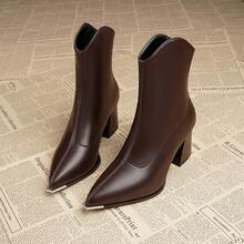 Zapatos casuales de mujer, botines elegantes de tacón grueso y punta puntiaguda, zapatos de tacón alto para otoño e invierno, botines de caña baja para mujer. - Marrón claro [de una sola capa] - Ver 3