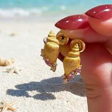 复古多巴胺贝壳粉色锆石18K镀金波西米亚风可爱耳环，女士款 - 金 - 查看 1