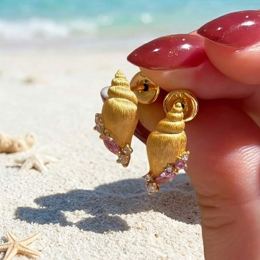 复古多巴胺贝壳粉色锆石18K镀金波西米亚风可爱耳环，女士款 - 金 - 查看 1