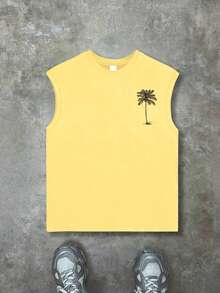 1pc Boys' Casual Letter & Palm Tree Print Sleeveless Top, New Summer Comfortable Teen Boy Clothing - Yellow - View 2
