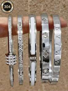 Zyhcayer 5pcs/Set /1 Pc High Quality Minimalist Elegant Luxury Sparkling Star Bangle Bracelets, Titanium Steel Bracelet With High-End Vibe For Women - Silver 3 - View 1