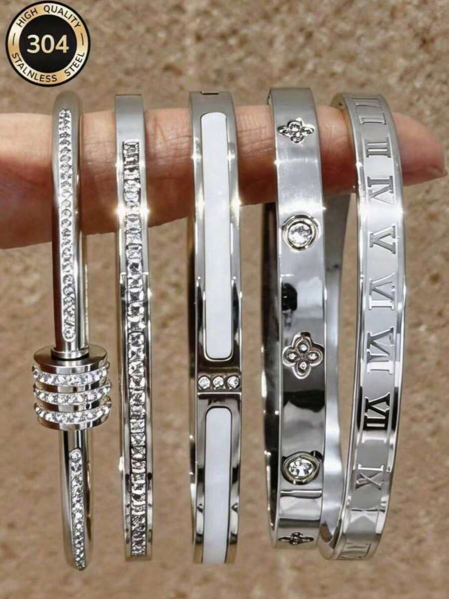 Zyhcayer 5pcs/Set /1 Pc High Quality Minimalist Elegant Luxury Sparkling Star Bangle Bracelets, Titanium Steel Bracelet With High-End Vibe For Women - Silver 3 - View 1