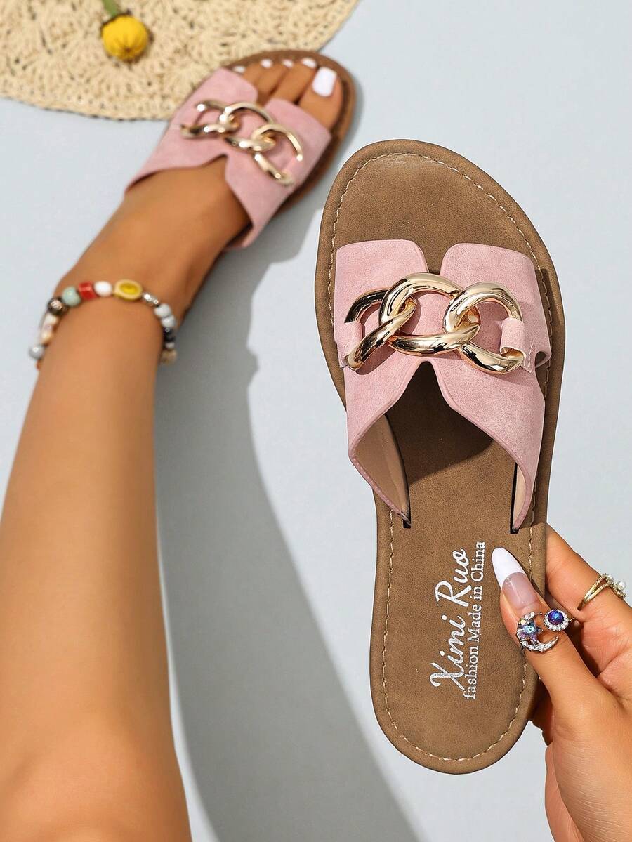 Ximi Ruo New H-Shaped Slippers, Brown Flat Embossed Slides, Holiday Essential, Wedge Sandal, Beach Shoes, Holiday, Black, Beige - Pink - View 1