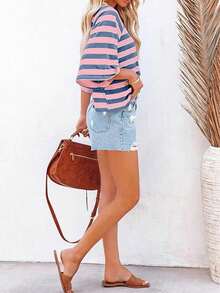 Plus Size Casual Striped Round Neck Short Sleeve Loose T-Shirt For Women, Suitable For Summer Wear - Blue - View 4