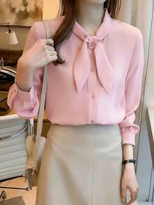 Solid Color Front Button Casual Loose Summer Shirt With Ribbon Collar Pink - Pink - View 2