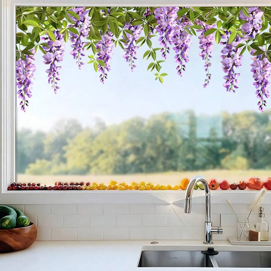 1pc Romantic Purple Wisteria Vine Window Sticker, Purple Flower Green Leaf Glass Decal, Easy To Apply Home Window Decoration - Multicolor - View 1