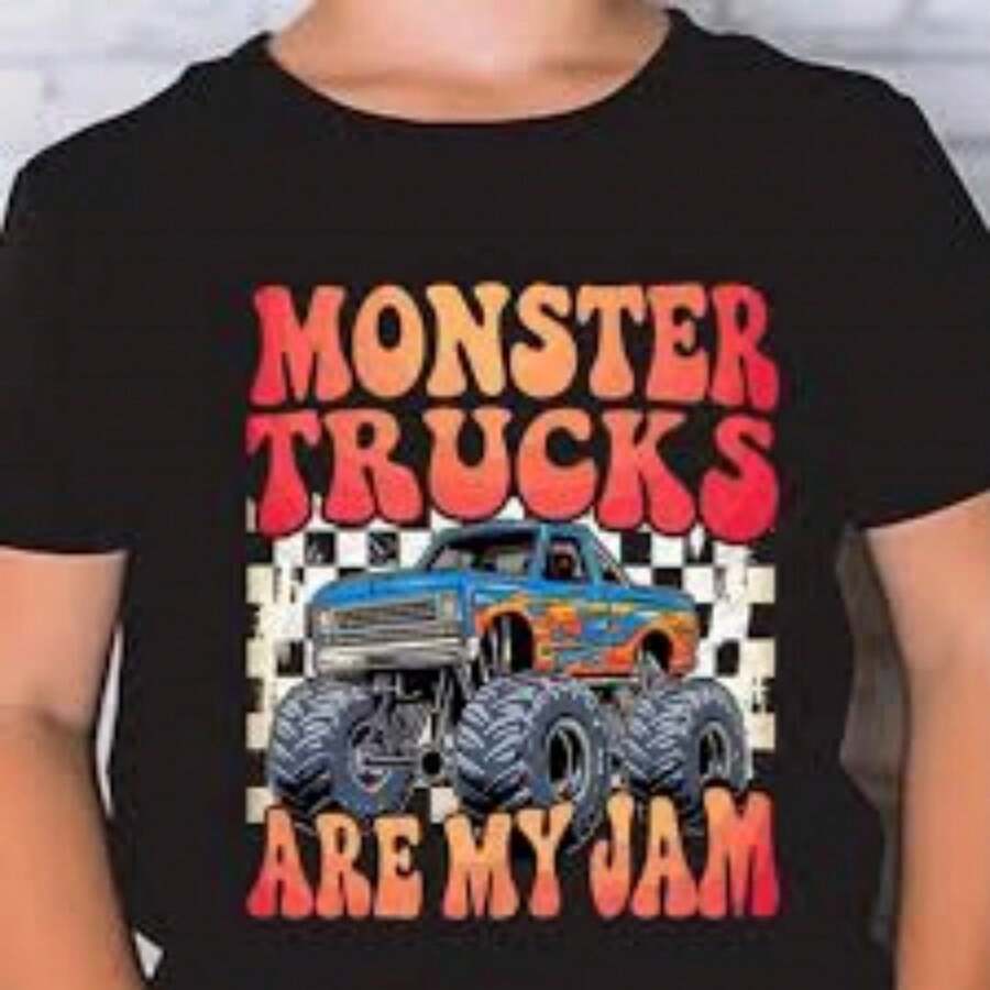 Men's Retro Groovy Monster Trucks Are My Jam Checkered Graphic T-Shirt - 白色 - 查看 1