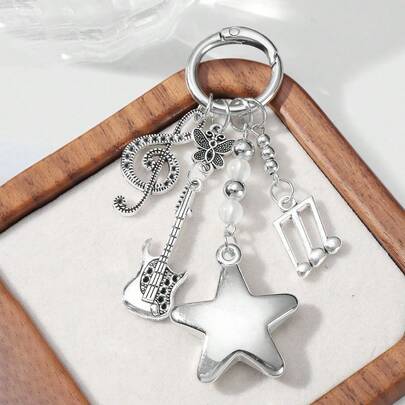 1pc Retro Music Element Hanging Chain Keychain Pendant, Guitar, Musical Note, Star Alloy Charm For Backpack, Bag, Keys