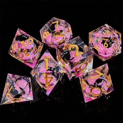 7 piezas Lindo conjunto de dados de resina con purpurina líquida con forma de gato, dados RPG de varios lados con bordes afilados, accesorios de juego de rol hechos a mano, adecuados para Navidad, cumpleaños, festivales, fiestas, San Valentín, regalos, primavera