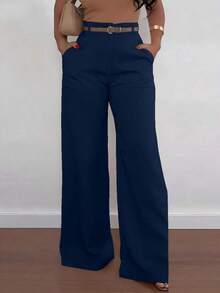 Pantalones rectos de mujer de tiro alto, color beige, estilo casual chic – Ideales para primavera y todo tipo de looks - Azul marino - Ver 3