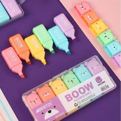 Kit c/6 Marca Texto Urso Bestdi Fofo Cores Pastel Material Escolar Estudante