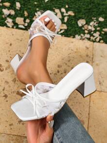 白色夏季新款方头网面透气露趾高跟凉鞋，百搭简约细高跟女鞋 - 白色 - 查看 2