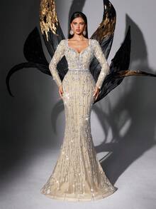 Đầm dạ hội dài tay cổ chữ V sâu, đính sequin, sang trọng, thời trang, thích hợp cho tiệc cưới. - Màu be - Xem 4