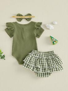 Newborn Baby Girl Summer Clothes Infant Baby Girls Summer Outfit Ribbed Knit Short Sleeve Romper Elastic Waist Plaid Shorts Ruffled Skirts Headband Set - 綠色 - 查看 6