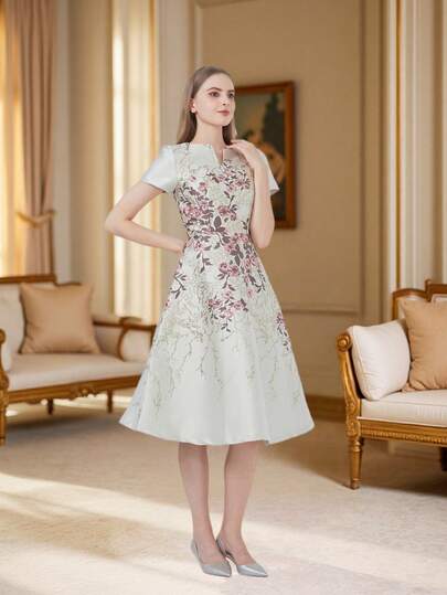 DEVCHATA Rochie de seară romantică și fermecătoare pentru femei, cu imprimeu floral jacquard, rochie de petrecere de lungime medie, cu decolteu în V, mânecă scurtă, stil luxos de înaltă calitate (model floral aleatoriu)