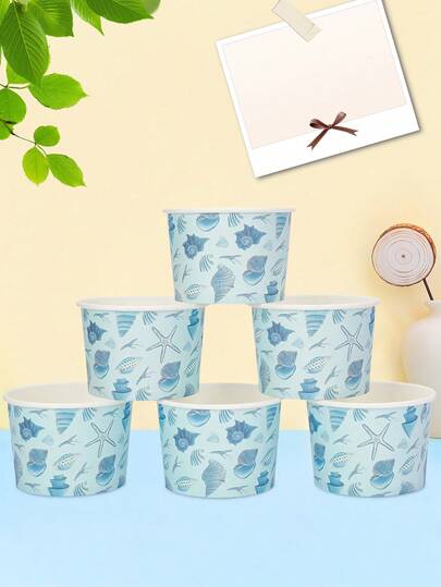 10pcs/20pcs/50pcs Blue Disposable Ice Cream Paper Cups, Light Blue Ocean Themed Paper Snack Bowls With Starfish & Seashell Pattern, 2.4 Inch TallDessert Treat Cups For Beach Party, Summer Pool Party, Luau, Birthday, Baby-Shower,Theme Party Men Women