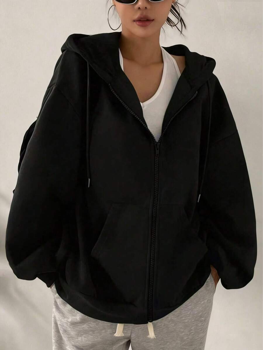Fashionable Women's Jacket With Drop Shoulder Drawstring Zipper Hooded Jacket Women's Autumn And Winter Clothing, Plush And Warm, Couple's One-Piece Set, Suitable For Outdoor Sports, Suitable For Various Occasions - 黑色 - 查看 1