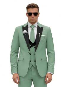 Men's Tailored Suit Set, Black Satin Plaid Collar, Anti-Wrinkle Fabric, Wedding Groom's Evening Dress For Formal Business Attire - 薄荷綠 - 查看 4