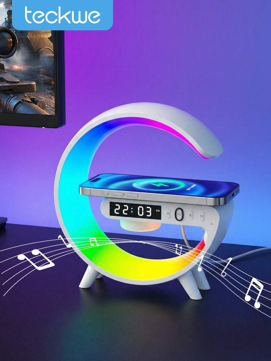 Teckwe 三合一 G 型 LED 无线音箱、充电器、定时闹钟、充电支架、床头灯、LED 音乐灯、桌面音箱 - 彩色 - 查看 1