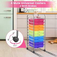 COSTWAY 10-Drawer Rolling Storage Cart, Utility Mobile Trolley With Removable Drawers & Universal Casters & 2 Brakes, Versatile Flexible Drawer Organizer Cart For Home, Office (Rainbow) - màu đen - Xem 5