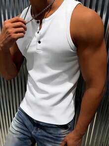 男士纯色纽扣半开襟休闲百搭背心 - 白色 - 查看 3