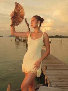 夏季新款女装时尚休闲Y2K辣妹风黄色无肩带连衣裙，领口和肩带饰有编织滚边，流苏下摆装饰，修身铅笔裙，性感露背短裙，波西米亚风，适合海滩度假、郊游、鸡尾酒会、毕业典礼、假日旅行和日常通勤。 - 黃色 - 查看 2