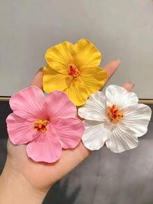 3pcs Hawaiian Style Artificial Hibiscus Flower Hair Clips - Suitable For Summer Parties, Beach Weddings, Etc. - 10 Mixed Colors (Pink, White, Yellow, Red, Blue, Purple),Holiday,Travel - Multicolor - View 8