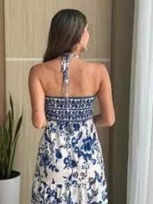 Bohemian Women's Resort Style Summer Fashion Slit Sexy Print Lace-Up Bandeau Dress - 藍色 - 查看 2