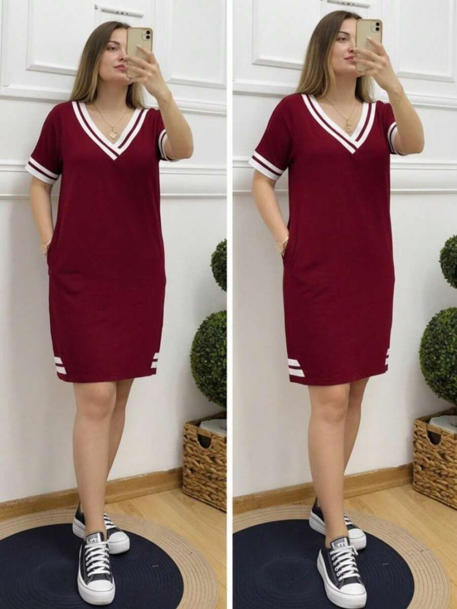 Women's Short Sleeve V-Neck Ribbed Detail Pocket Knee-Length Dress - Burgundy - View 1