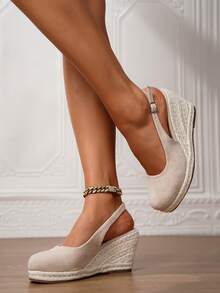 女士厚底坡跟一脚蹬鞋，女士厚底坡跟凉鞋，简约踝带草编鞋，人造革坡跟凉鞋，夏季度假杏色圆头3.15英寸高跟踝带一脚蹬鞋，舒适编织草镂空鞋，尺码34-43，大码女鞋，女士高跟鞋，女士高跟凉鞋，女士高跟鞋，优雅女鞋 - 杏色 - 查看 6