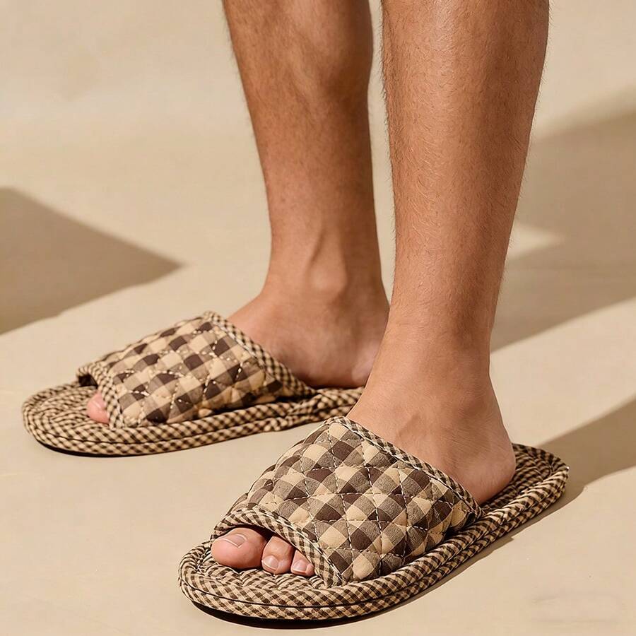 Pantuflas casuales para hombres, pantuflas ligeras de tela antideslizantes para el dormitorio - Marrón - Ver 1