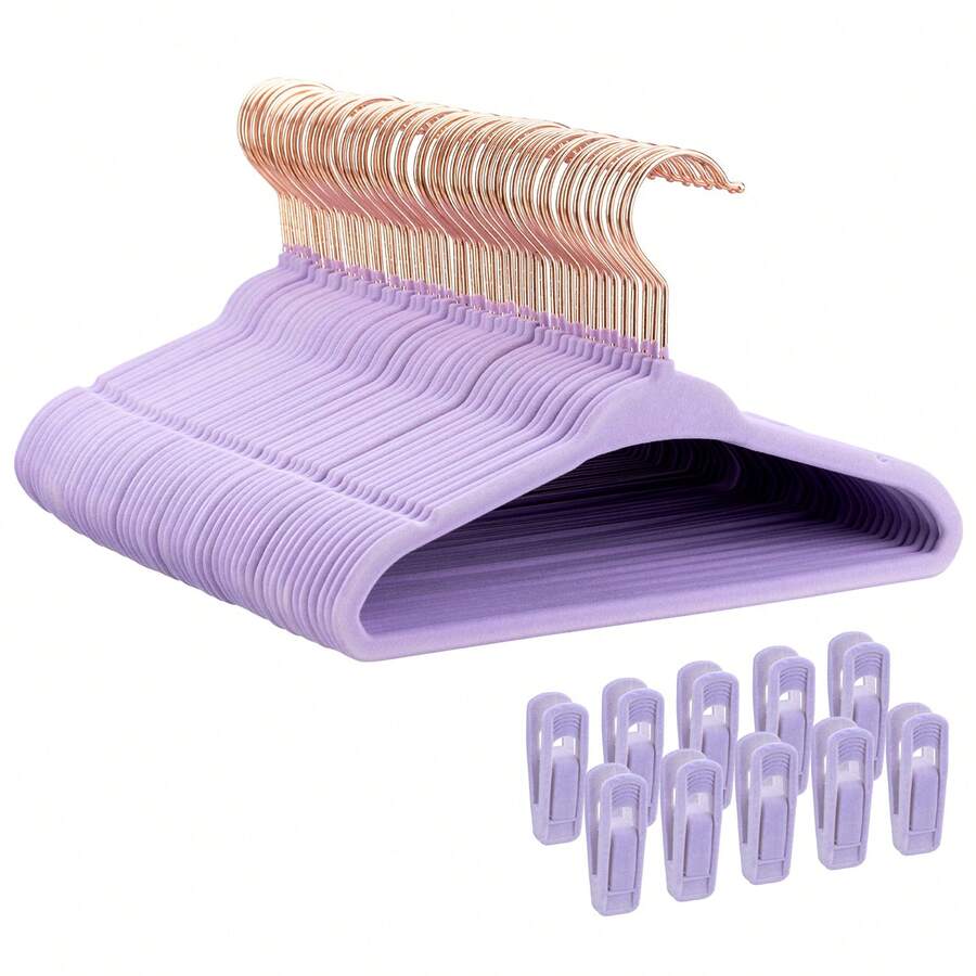 Premium Velvet Non-Slip Space Saving Clothes Hangers With Shoulder Notches & 10 Bonus Clips, Sturdy Closet Organizer,11",Purple ,50-Pack - 查看 1
