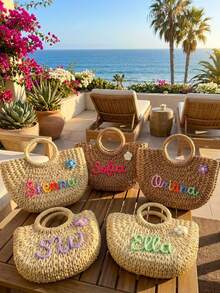 1 pieza Bolso de mano tejido personalizado con nombre, bolso de paja pequeño y portátil, bolso de mano estilo femenino rosa, adecuado para niñas pequeñas, bolso de playa bohemio, bolso de viaje para vacaciones de verano, regalo personalizado para niñas, regalo único para damas de honor, regalo de cumpleaños, estilo de vacaciones - Multicolor - Ver 1