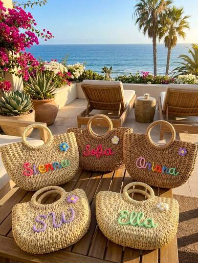 1pc Personalized Woven Tote Bag With Name, Portable Small Straw Bag, Pink Girly Style Handbag, Suitable For Little Girls, Bohemian Beach Bag, Summer Holiday Travel Bag, Bridesmaid Gift, Personalized Gift For Girls, Unique Bridesmaid Gift, Party Gift, Birthday Gift, Materials