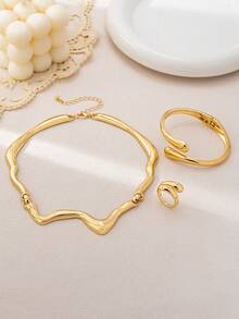 一套情人节时尚个性化欧美风流水滴几何耳环、手链、波浪项链首饰套装，适合女性日常佩戴、节日礼物、海滩派对 - 金黃色 - 查看 6