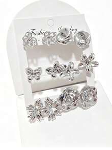 New Arrival European And American Cross-Border Gold & Silver Flower, Bow, Geometric Earrings Set, Luxury Elegant Earrings Set For Women - Silver - View 2