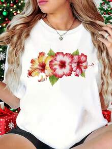 Camiseta de Verano 2026, Talla Grande, Estampado de Flor de Hibisco, Estilo Tropical, Cuello Redondo Blanco, Manga Corta - Lavable a Máquina, Ideal para Fiestas,100% algodón - Blanco - Ver 7